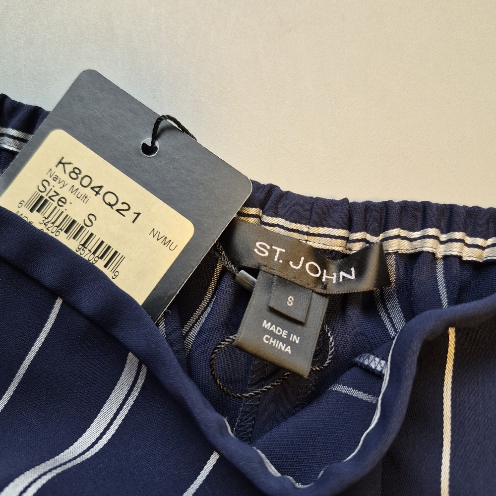 St. John Wide Leg Pants Navy Blue Striped Trousers Pull-On NEW Women's Sz S - Picture 10 of 12